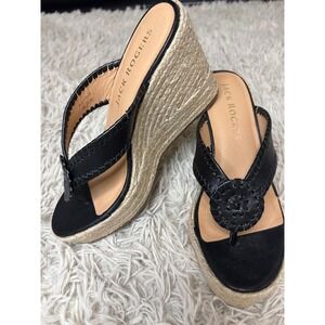 Jack Rogers Black Leather Whipstitch Espadrille Wedge Sandals 7M Brazil NWOT